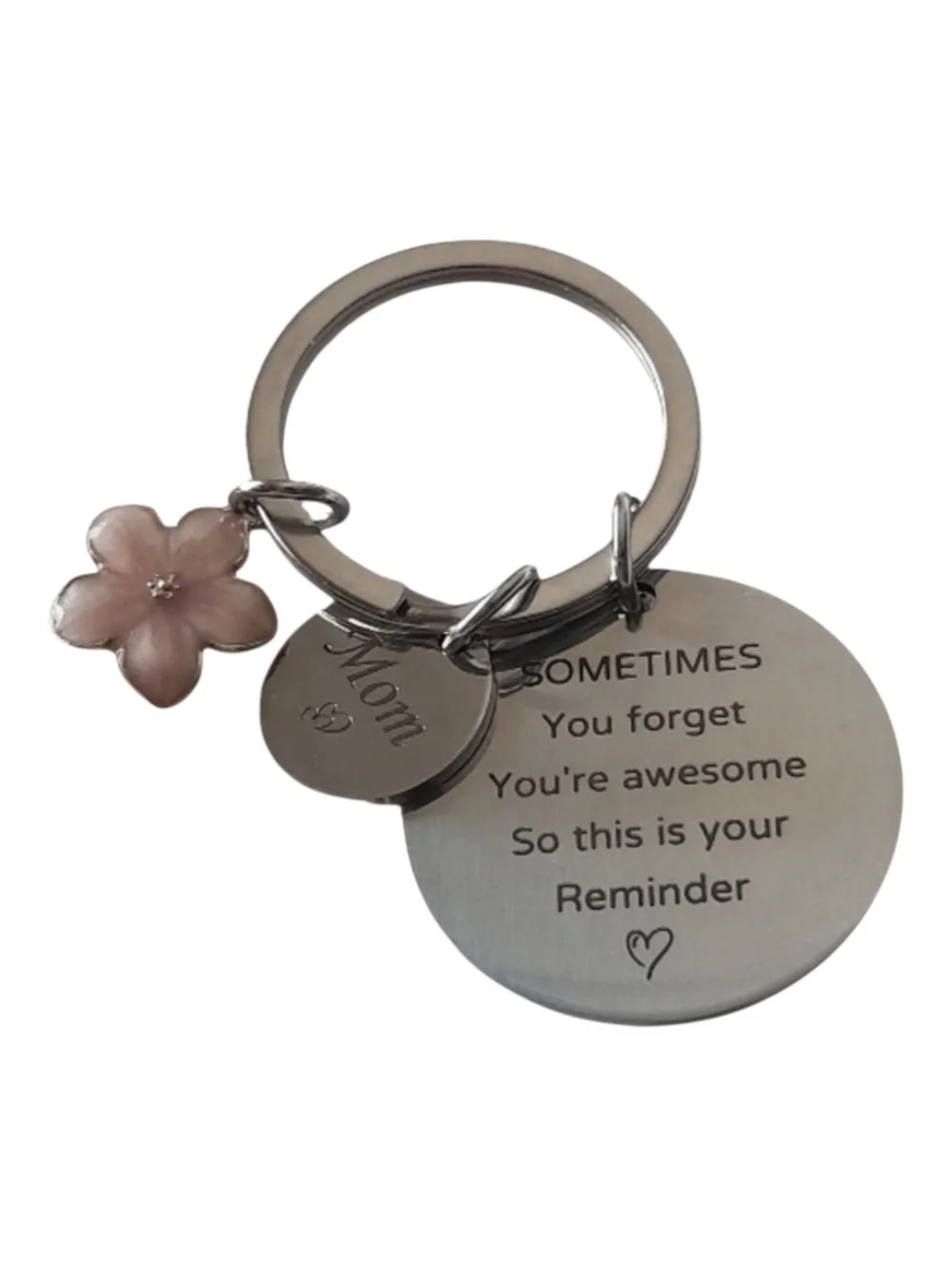 Engraved Silver Mom Keychain with Pink Charm Mother's Day